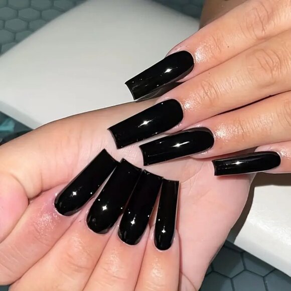 24Pcs Glossy Black Press On Nails Long Ballerina Fake Nails Minimalist Style - Picture 1 of 7